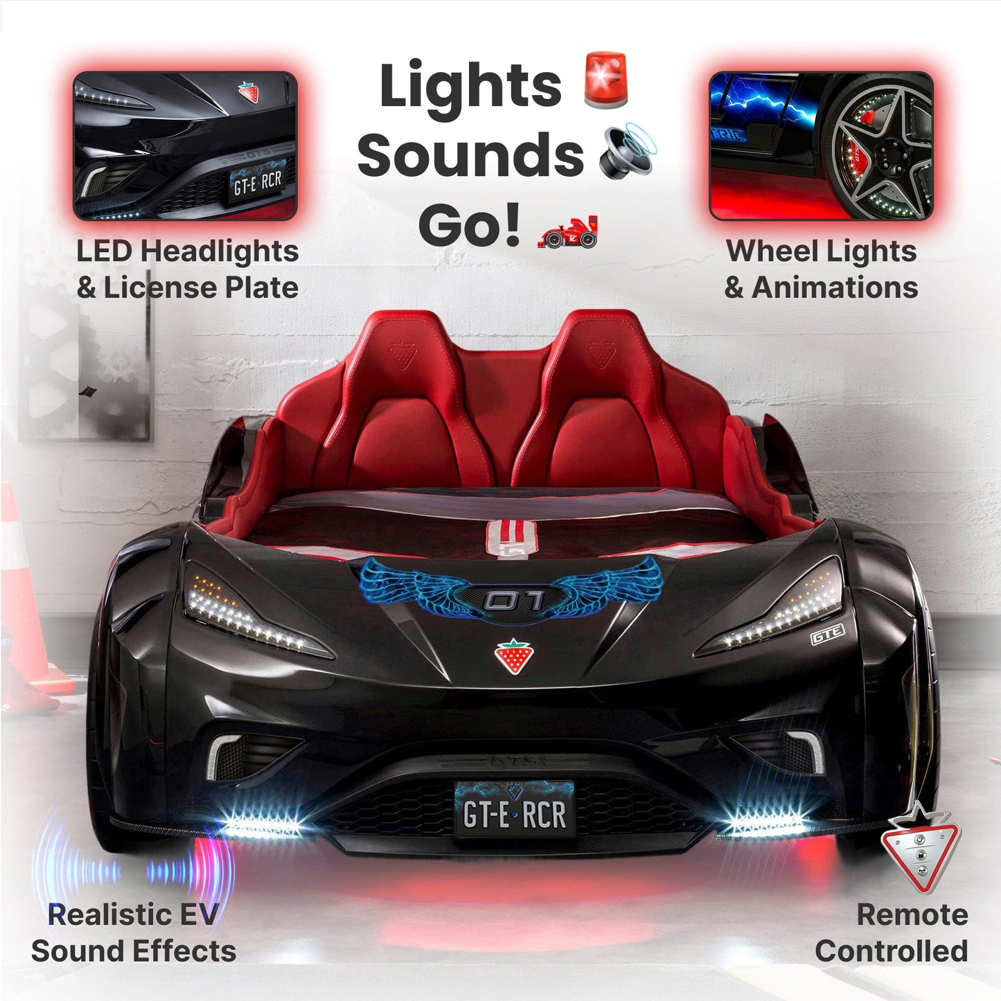 GTE Black-Twin Race Car Bed Remote Control, 4 Modes, Night Light, Upholstered Headboard & Interior