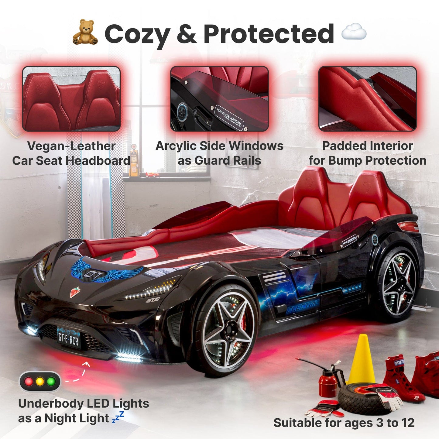 GTE Black-Twin Race Car Bed Remote Control, 4 Modes, Night Light, Upholstered Headboard & Interior