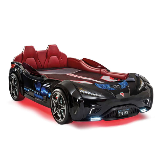 GTE Black-Twin Race Car Bed Remote Control, 4 Modes, Night Light, Upholstered Headboard & Interior