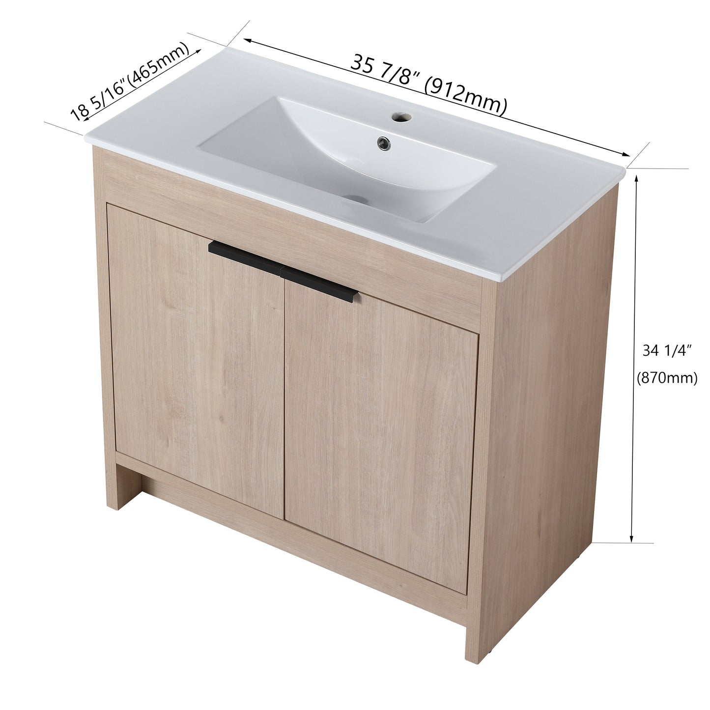 Walker Edison - 36 Inch Freestanding Bathroom Vanity with White Ceramic Sink & 2 Soft-Close Cabinet Doors